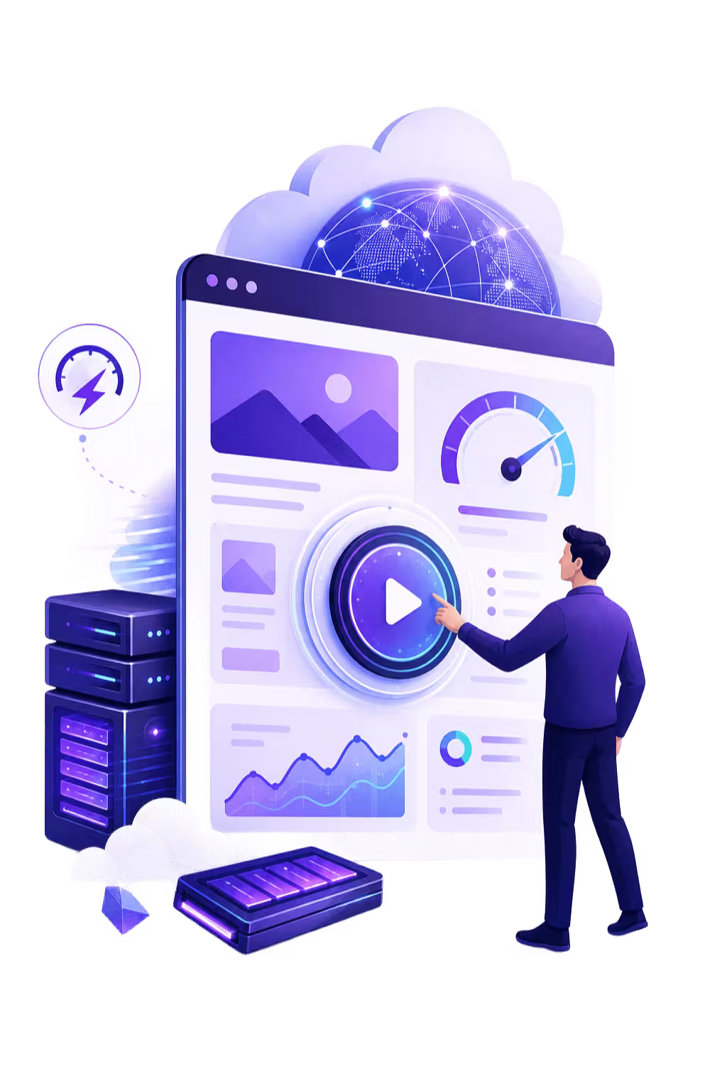 Ilustración de hosting WordPress optimizado con servidores VPS, Cloudflare y discos NVMe